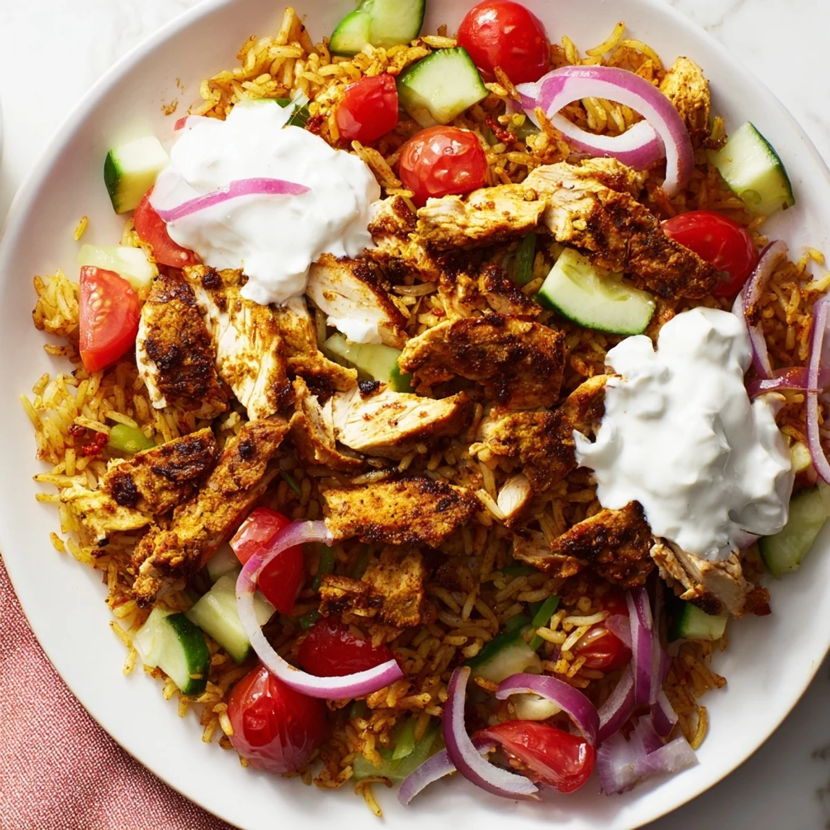 Vibrant bowl of chicken Shawarma crispy rice salad featuring tender spiced meat and crunchy golden rice grains