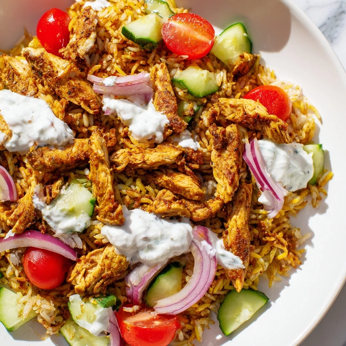 Middle Eastern chicken Shawarma salad with crispy fried rice, cherry tomatoes, cucumber, and tangy yogurt drizzle