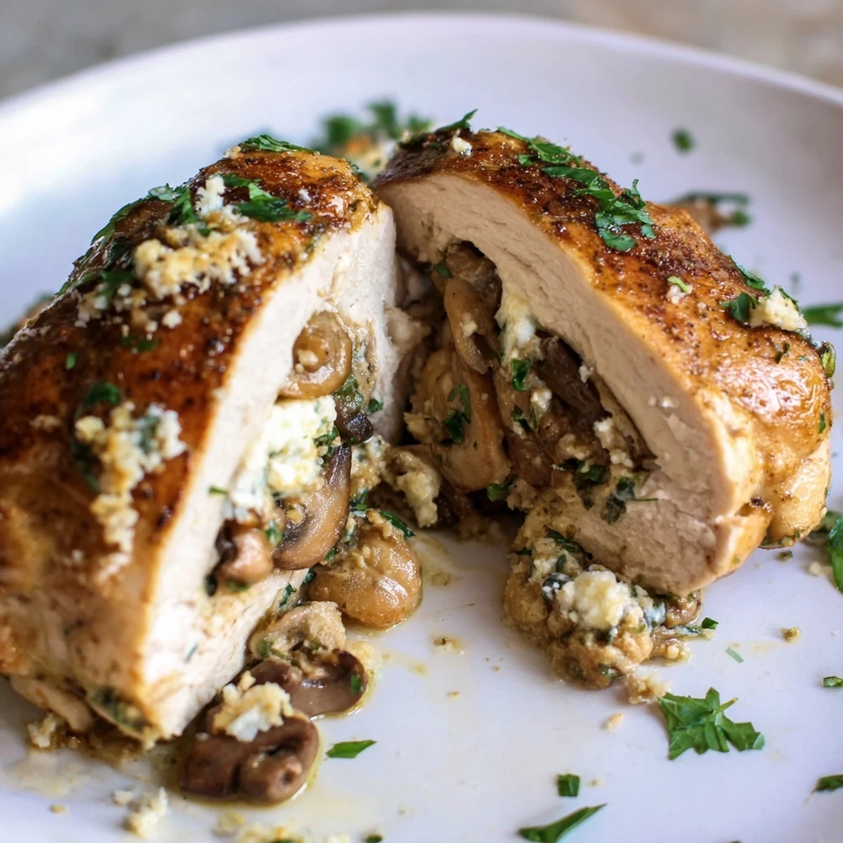 Golden seared mushroom stuffed chicken breast baked to juicy perfection with herb filling