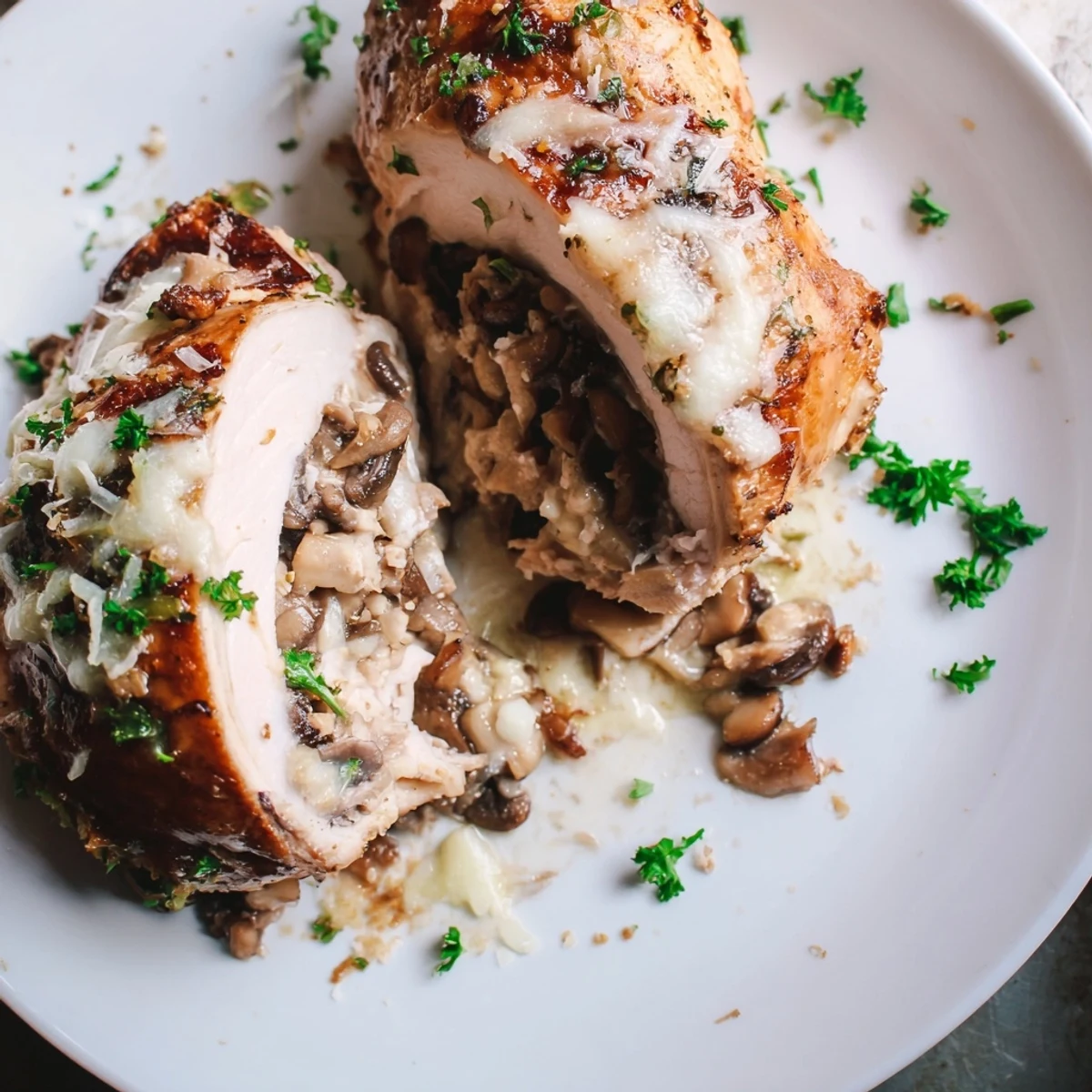 Sliced stuffed chicken breast revealing savory mushroom and cheese filling on white plate