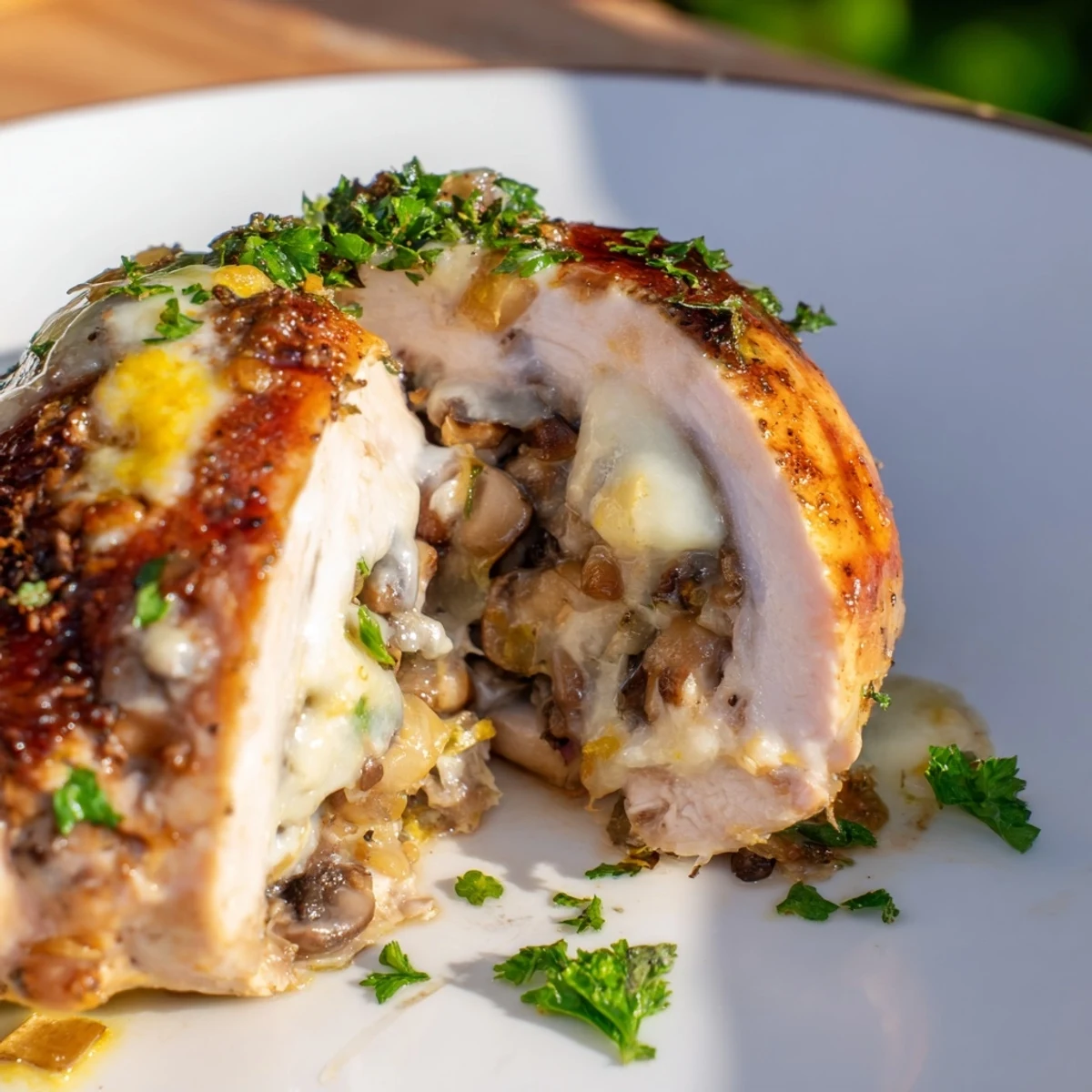 Whole stuffed chicken breast with golden crust and mushroom filling fresh from oven