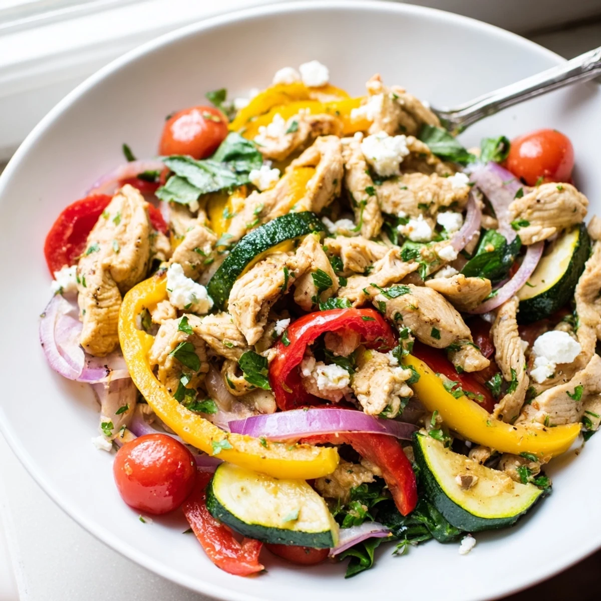 Colorful Mediterranean chicken stir fry with tender sliced chicken breast and vibrant crisp vegetables