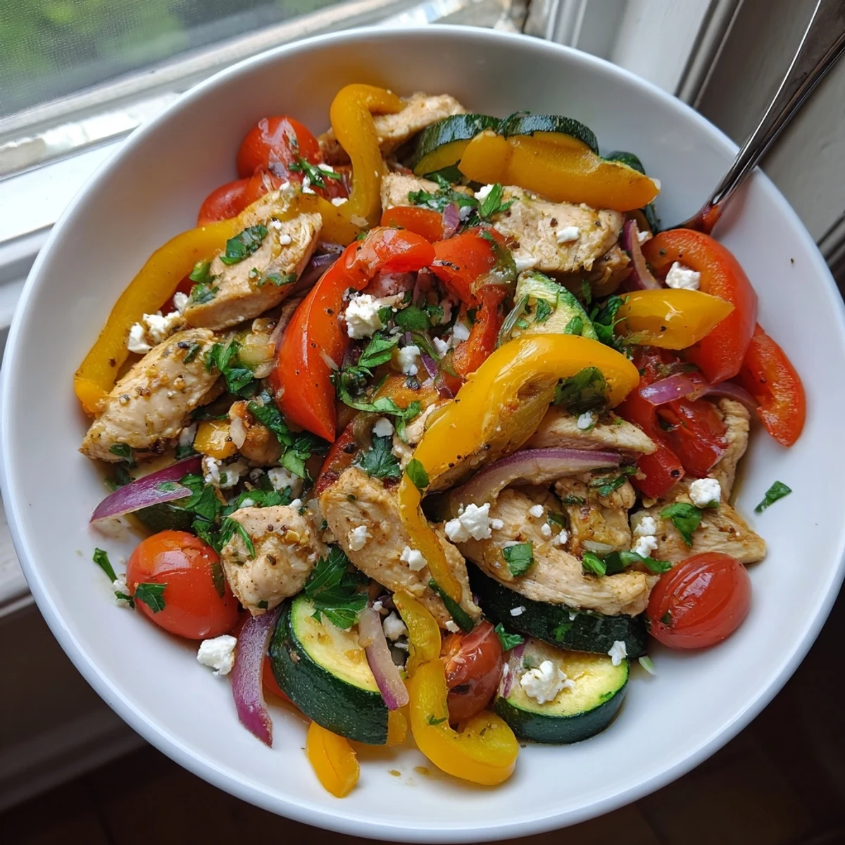 Golden brown Mediterranean chicken stir fry featuring bell peppers zucchini and juicy cherry tomatoes