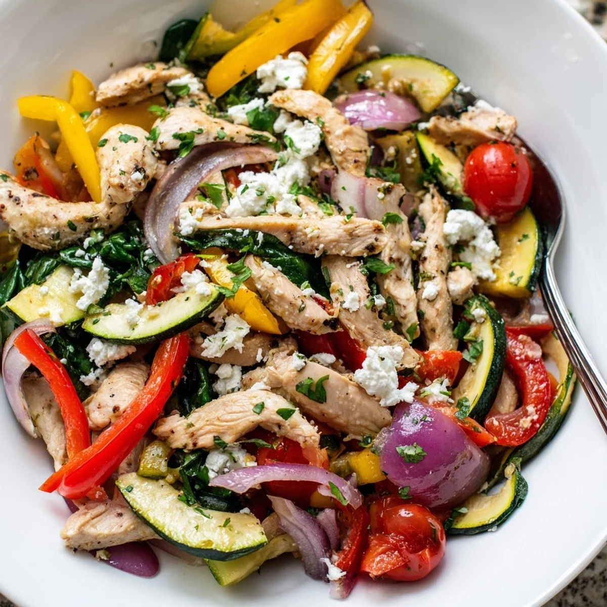 Savory Mediterranean chicken stir fry served in a bowl with fresh parsley garnish