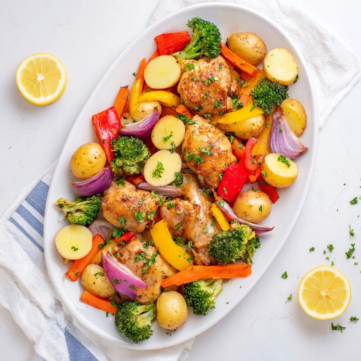 Golden brown chicken breasts nestled among roasted potatoes, peppers, and broccoli with lemon herb seasoning