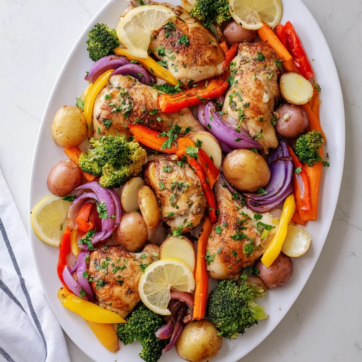 Juicy sheet pan lemon herb chicken and vegetables arranged on a large baking sheet with parsley garnish
