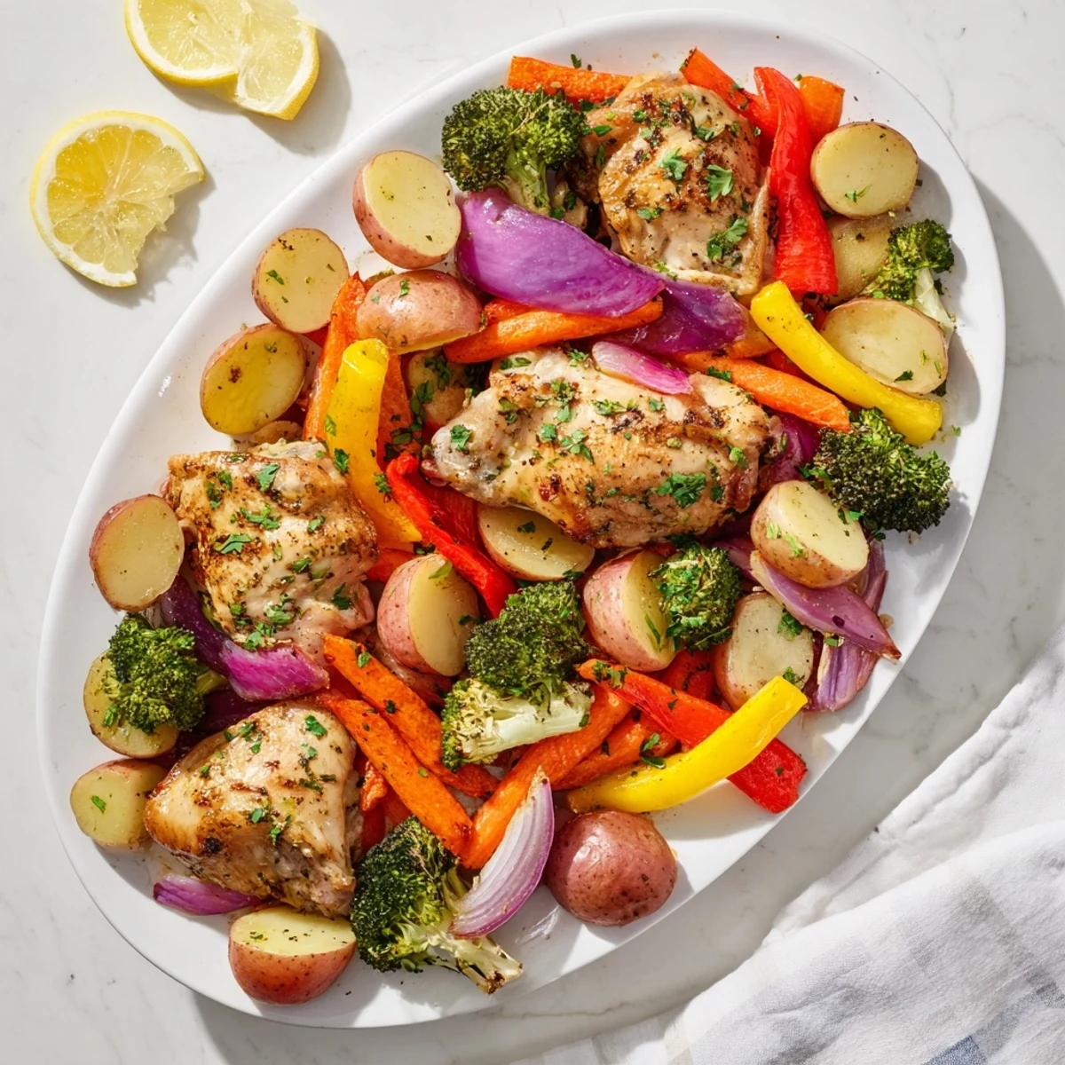 Colorful roasted vegetables surrounding tender lemon herb chicken breasts on a parchment-lined sheet pan ready for serving