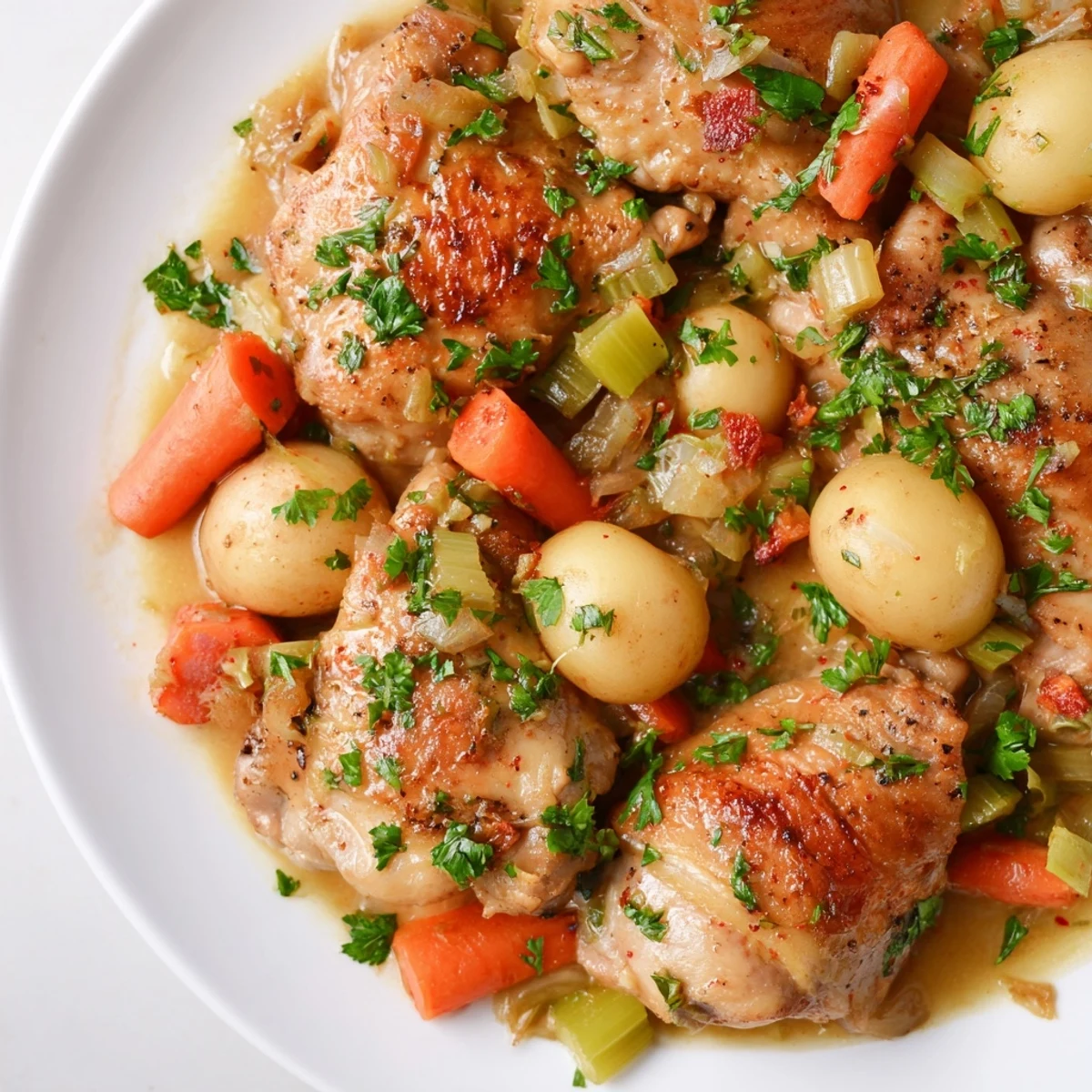 Tender healthy savory slow cooker chicken with vegetables in a rich broth garnished with parsley