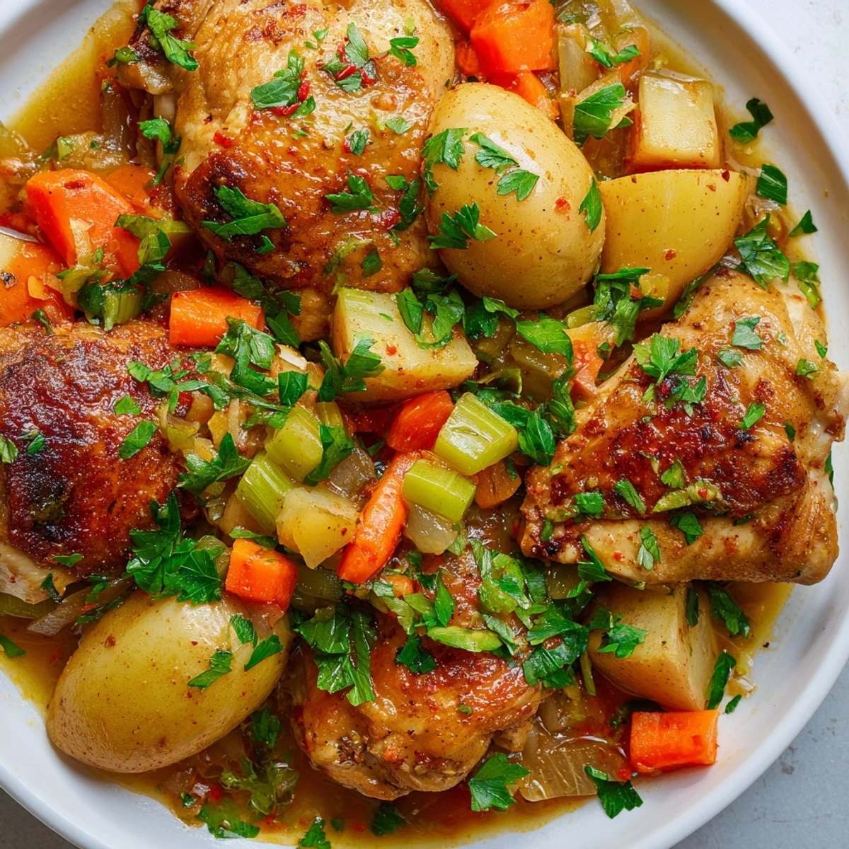 Wholesome slow cooker chicken dish with tender meat vegetables and herbs served in a deep bowl