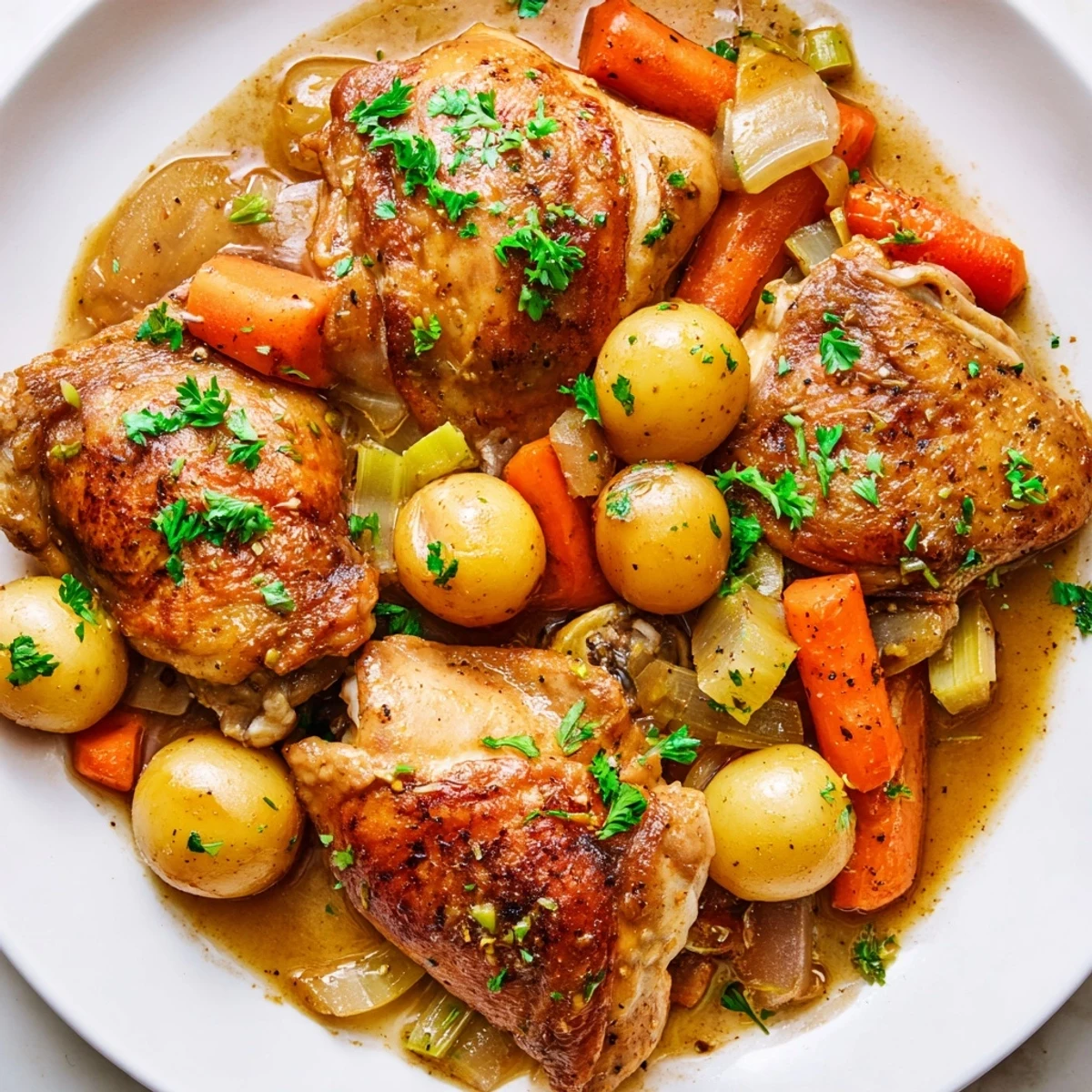 Golden brown slow cooker chicken thighs nestled alongside baby potatoes carrots and celery in savory sauce
