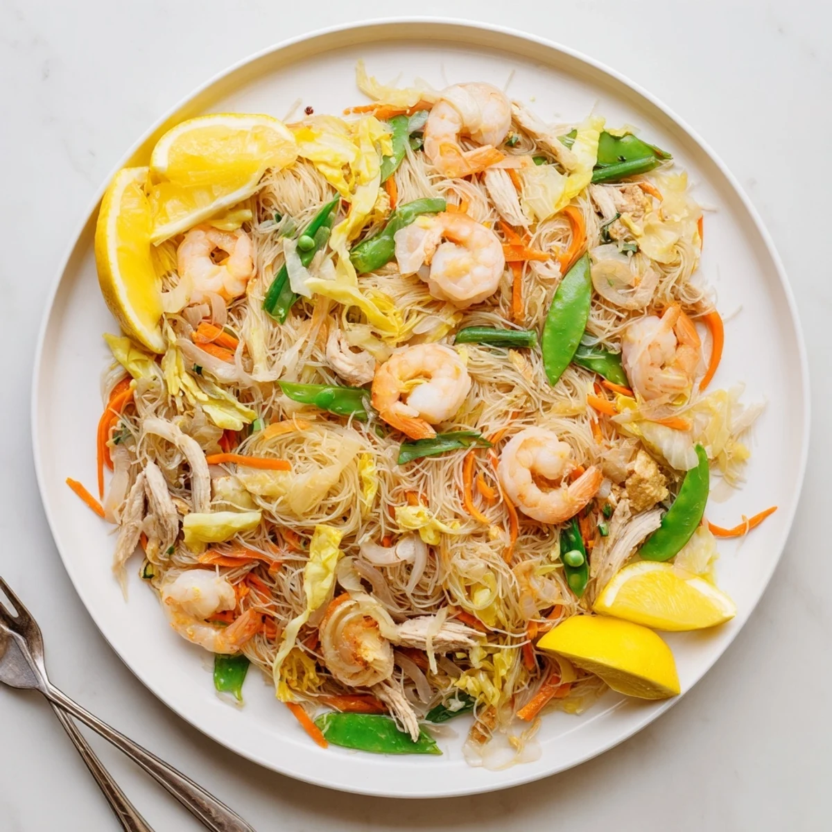 Savory traditional Pancit Bihon featuring tender rice noodles with chicken and colorful vegetables in a rich soy-based sauce