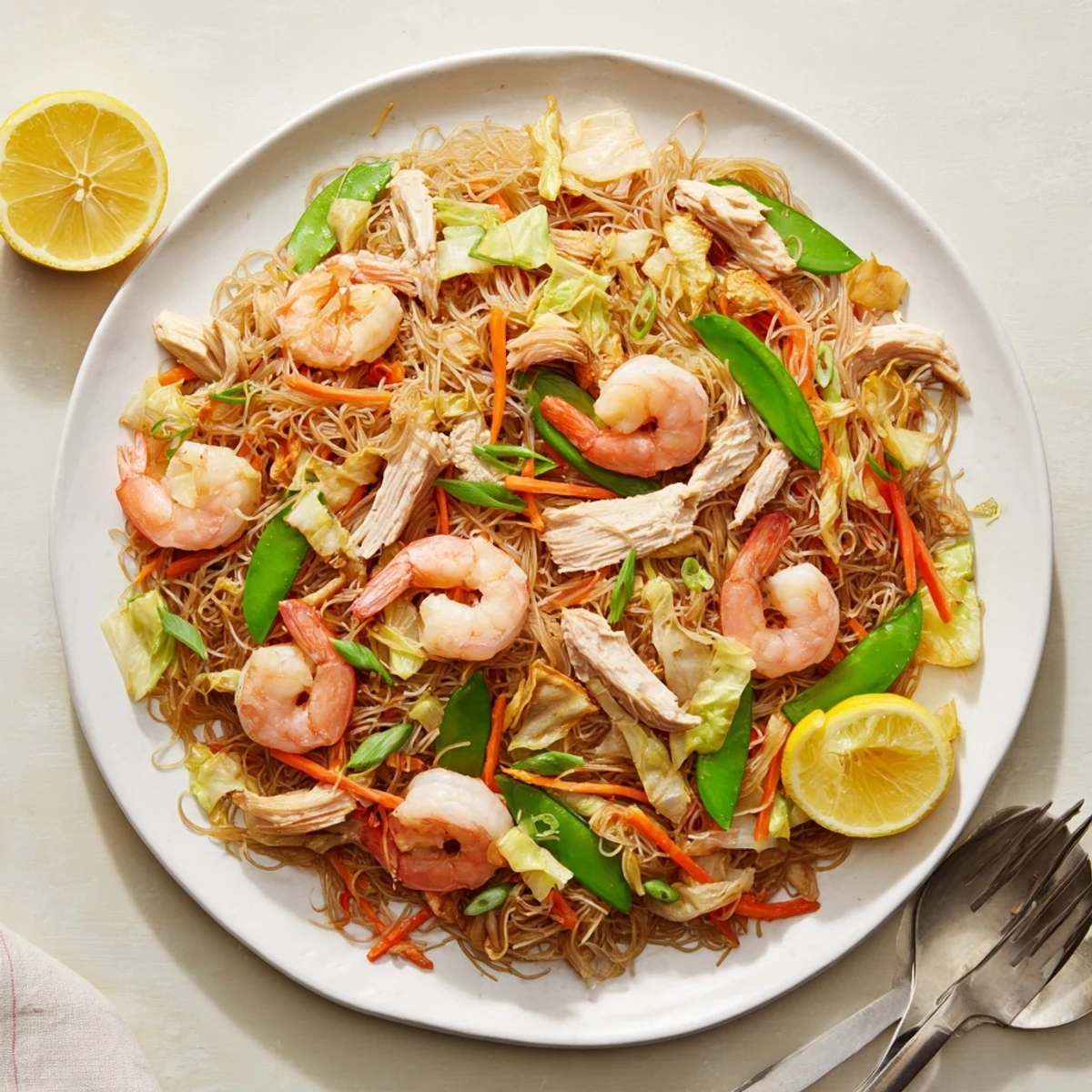 Golden stir-fried traditional Pancit Bihon showcasing plump shrimp, shredded cabbage, and julienned carrots atop a white serving platter