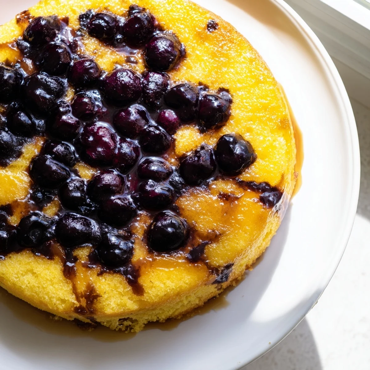 Golden blueberry upside down cake with caramelized fruit topping on a white serving plate