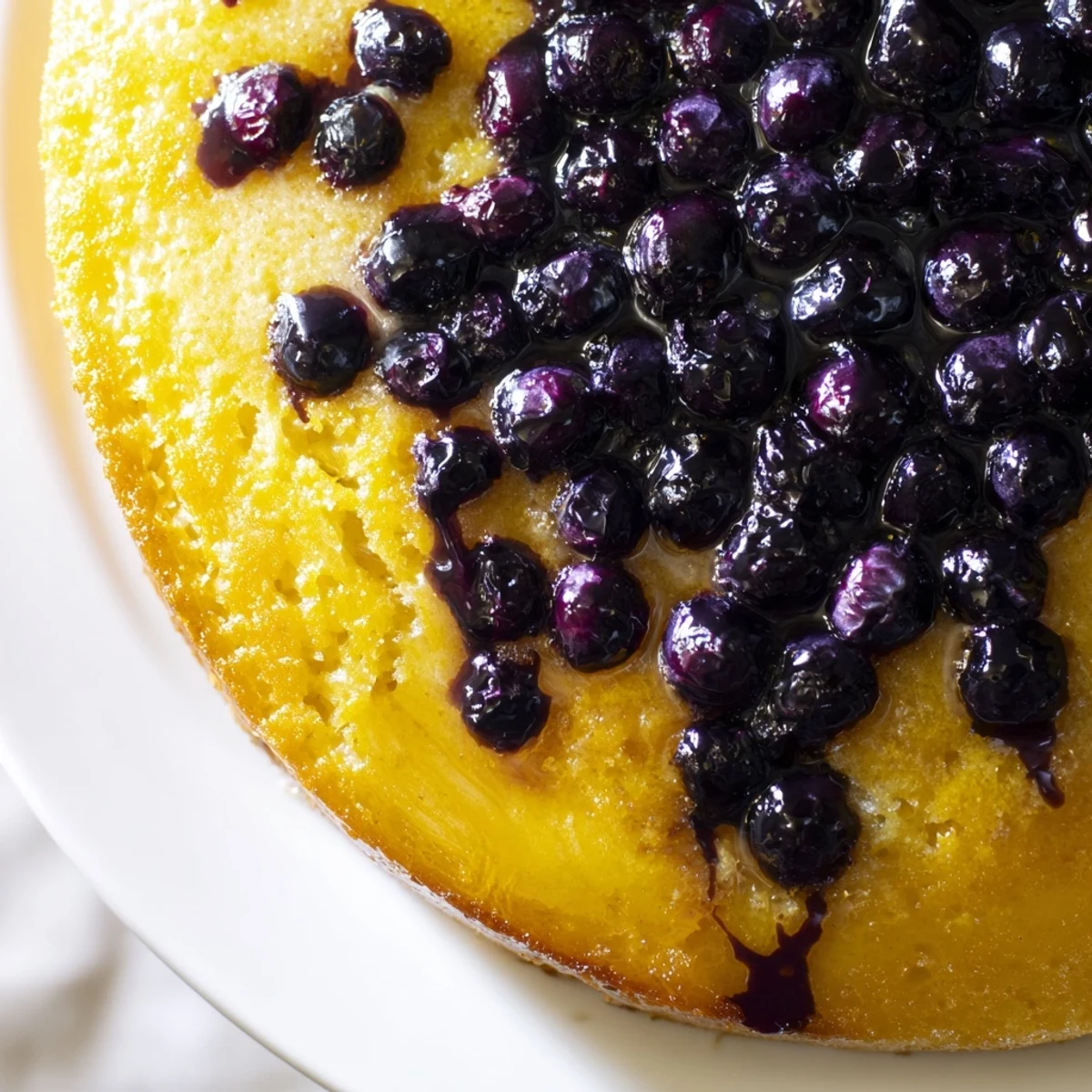 Slice of moist blueberry upside down cake topped with glistening baked berries