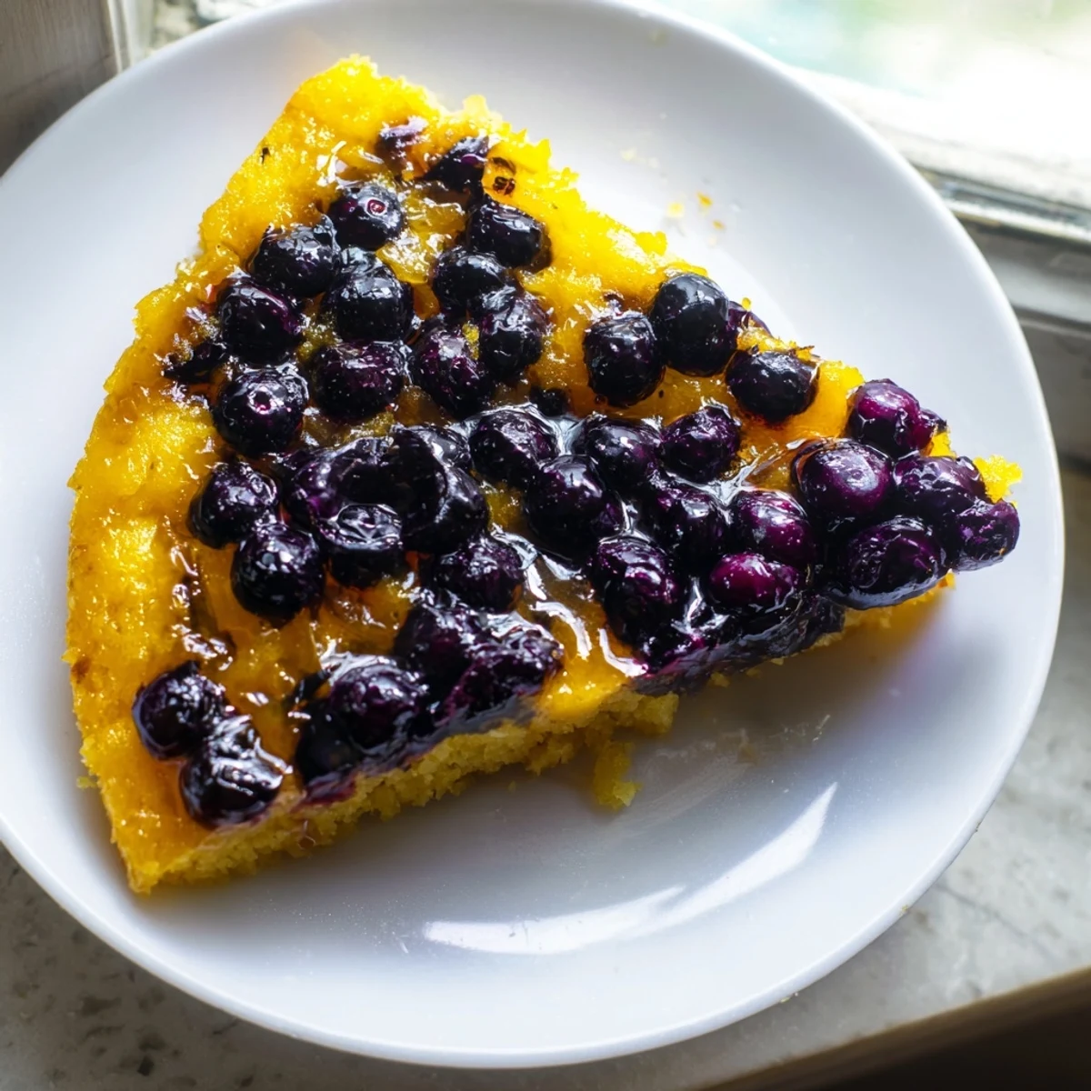 Warm blueberry upside down cake flipped onto plate with sweet purple berry layer