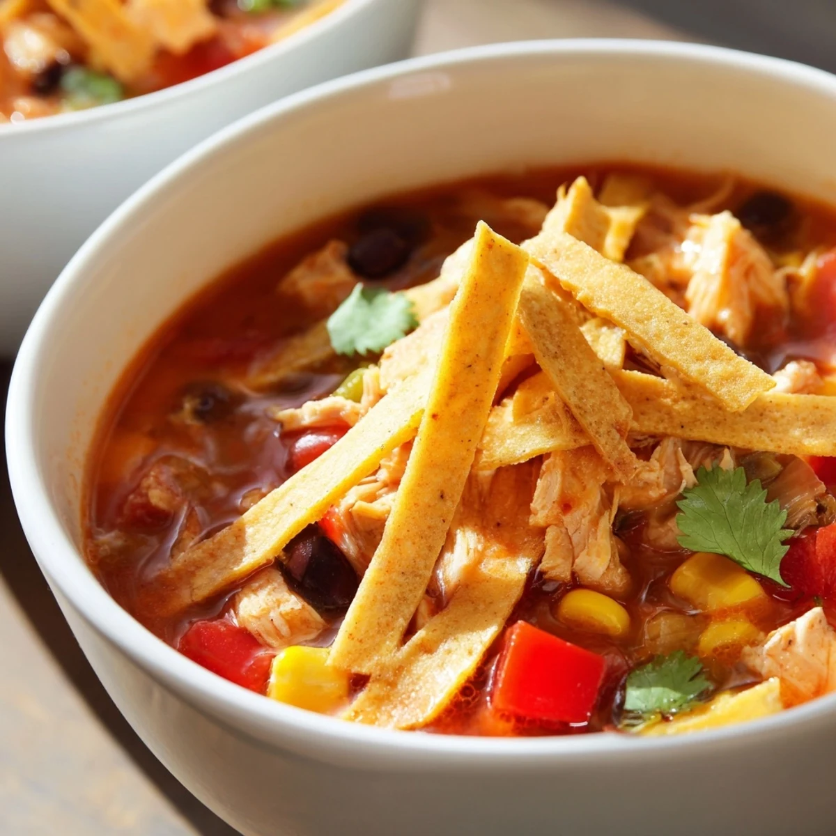 Bowl of classic chicken tortilla soup topped with crispy golden tortilla strips and fresh avocado chunks