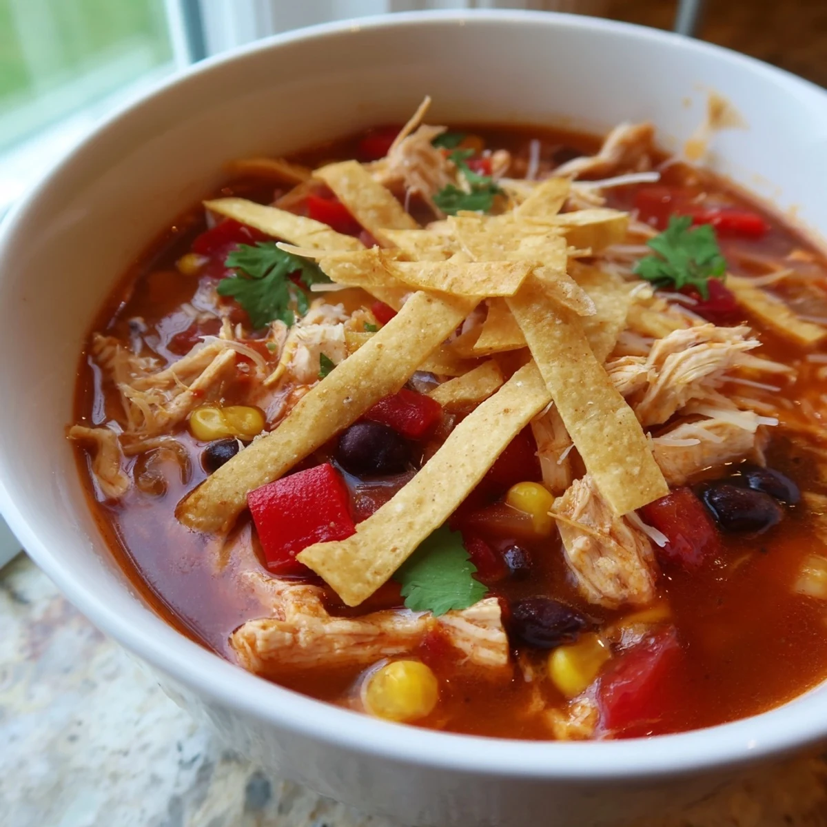 Steaming classic chicken tortilla soup garnished with shredded cheese, cilantro, and zesty lime wedges
