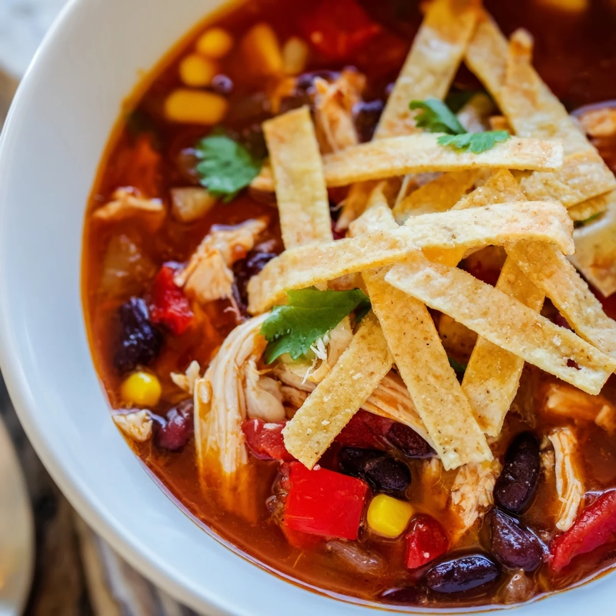 Hearty classic chicken tortilla soup served with colorful vegetables and crunchy homemade tortilla strips
