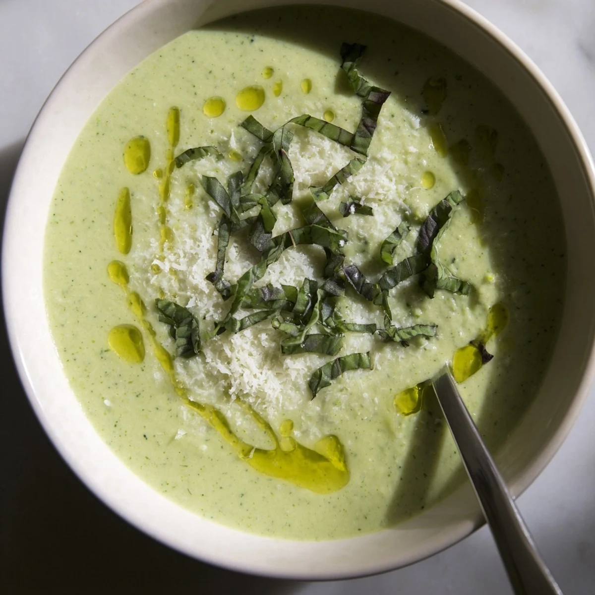 Creamy homemade Italian broccoli soup garnished with grated Parmesan and fresh herbs in a white bowl