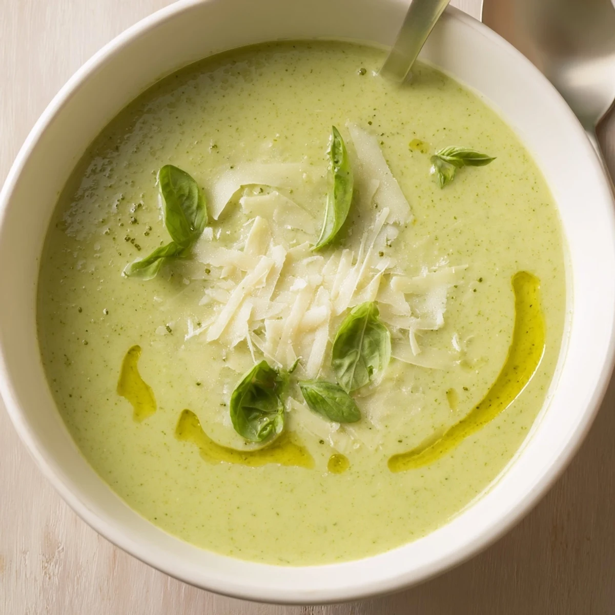 Steaming bowl of velvety homemade Italian broccoli soup drizzled with olive oil and sprinkled with basil