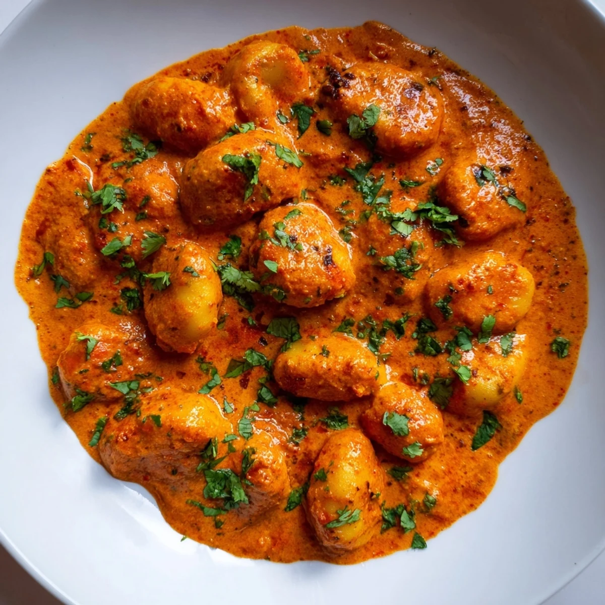 Creamy tikka masala gnocchi served in a bowl with fresh cilantro garnish