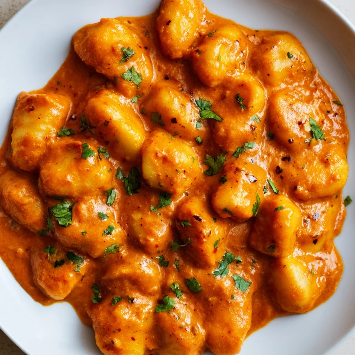 Fusion tikka masala gnocchi dish steaming hot with aromatic Indian spices