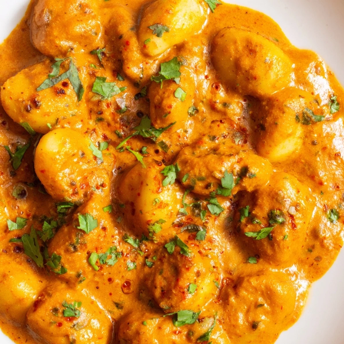 Golden potato gnocchi coated in spiced orange sauce on a white plate