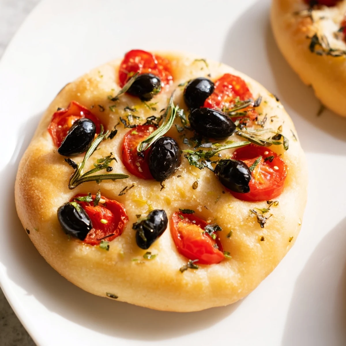 Golden crispy mini focaccia topped with fresh rosemary and sea salt on a rustic wooden board