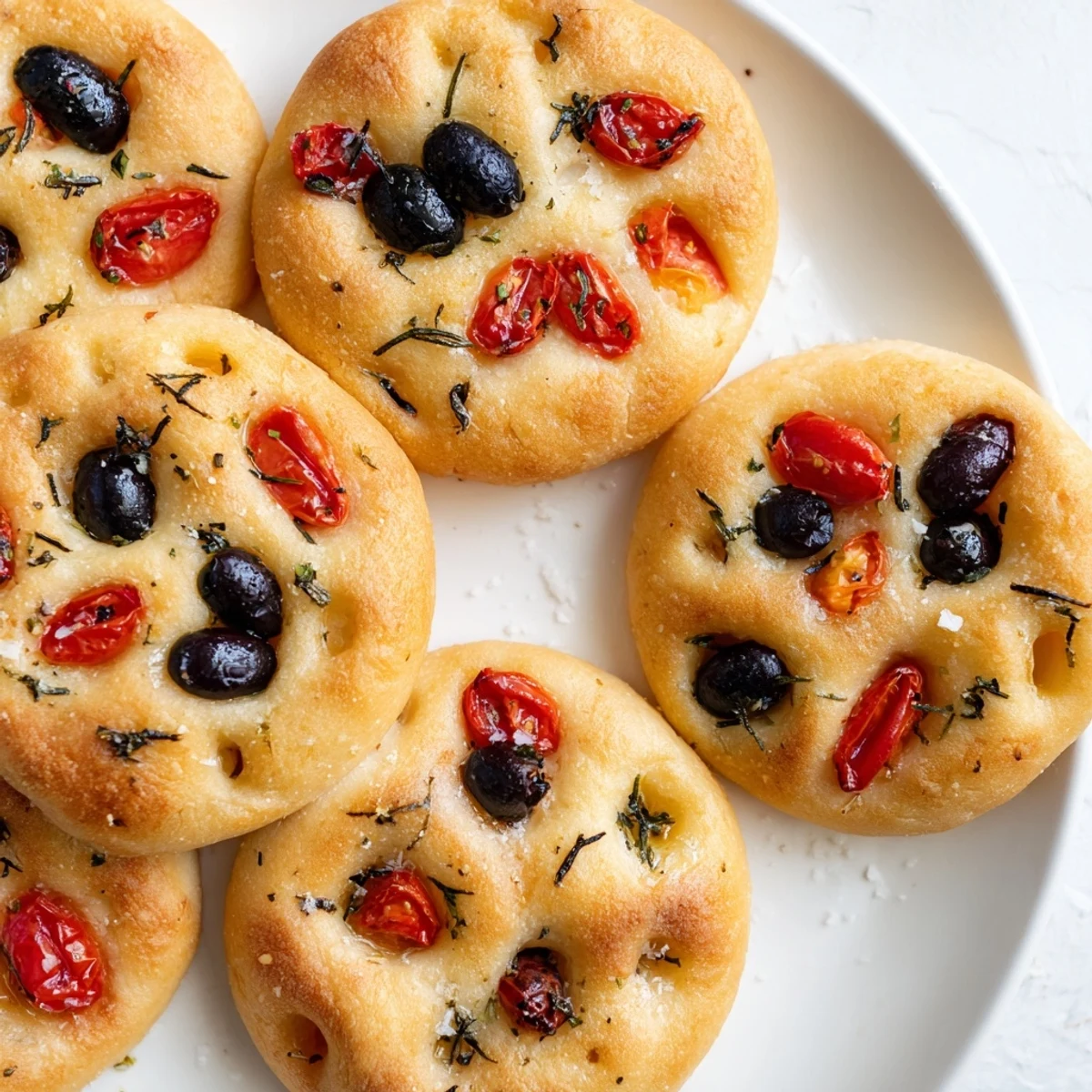 Fluffy individual Italian focaccia breads with cherry tomatoes and olives, freshly baked to golden perfection