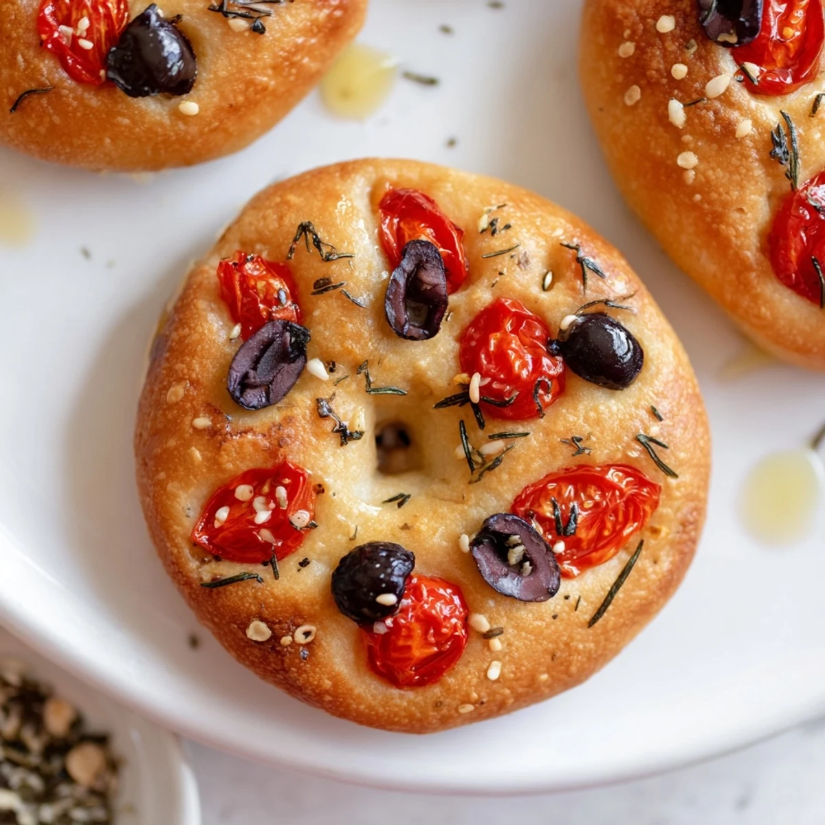 Warm homemade mini focaccia with dimpled crust and aromatic herbs, perfect for serving as appetizers