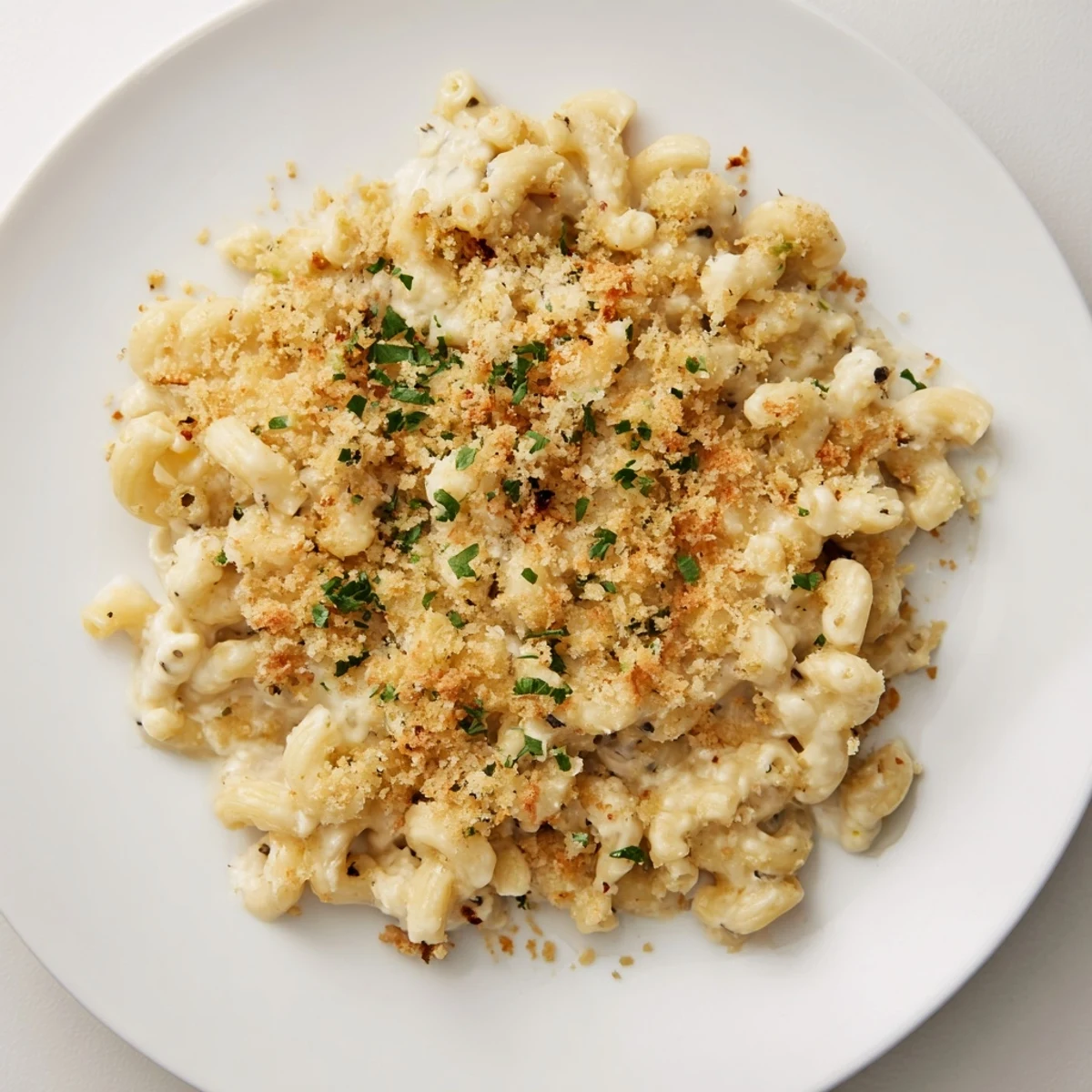 Rich homemade Boursin mac and cheese showcasing smooth herbed cheese sauce coating elbow pasta, garnished with fresh parsley