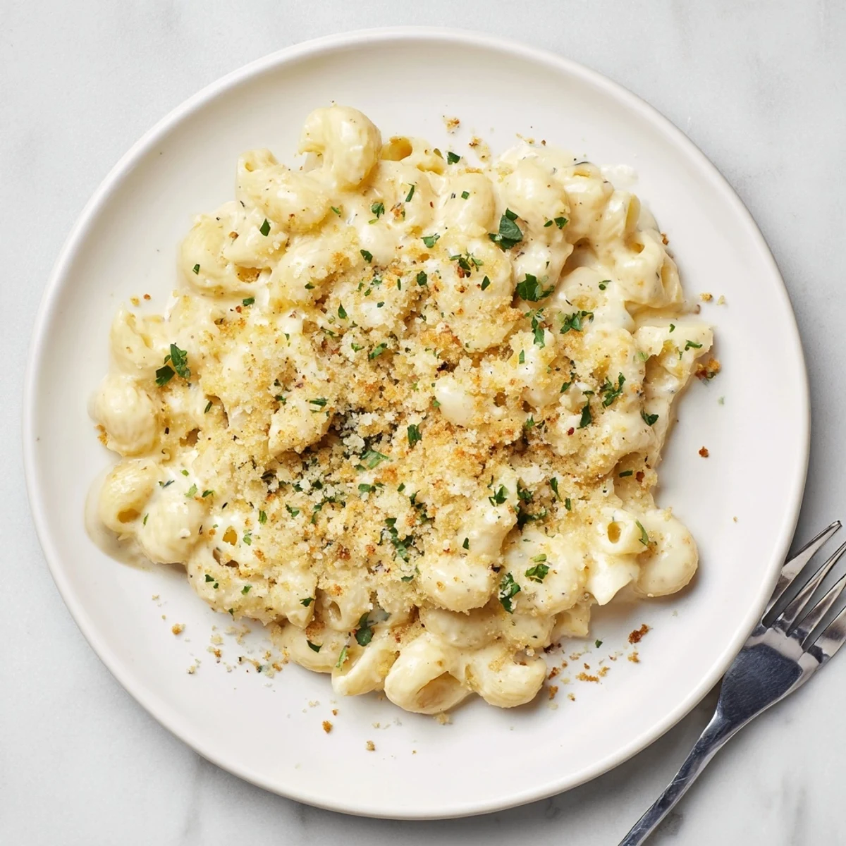 Creamy Boursin mac and cheese with melted cheddar and golden breadcrumb topping bubbling in a white baking dish