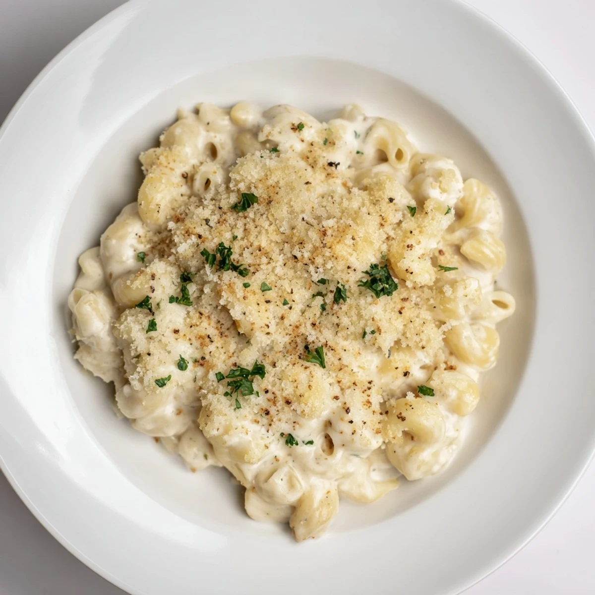 Baked Boursin mac and cheese with crispy panko crust, served hot in a casserole dish with melted cheese layers