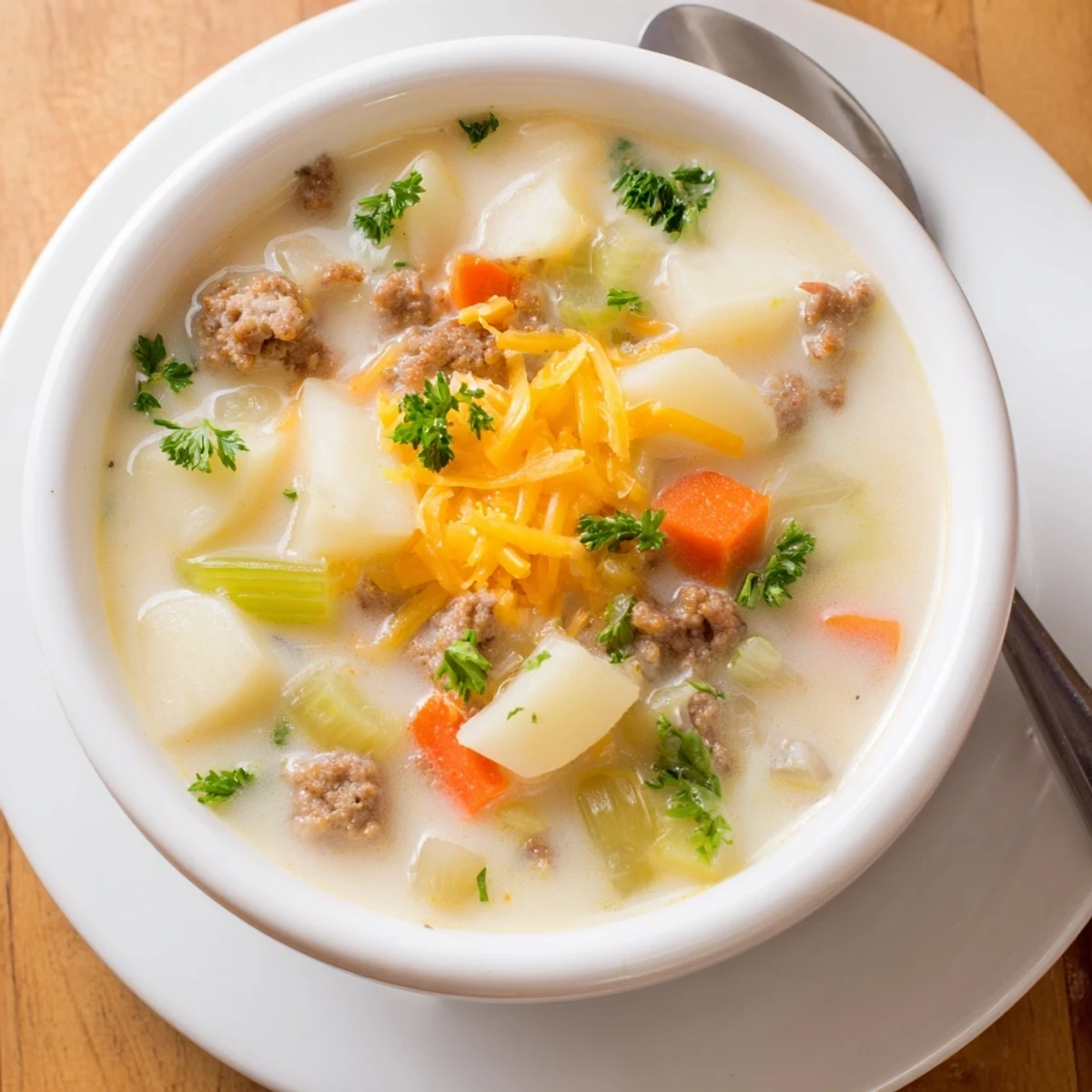 Creamy simple pork sausage potato soup with tender chunks in a rustic bowl