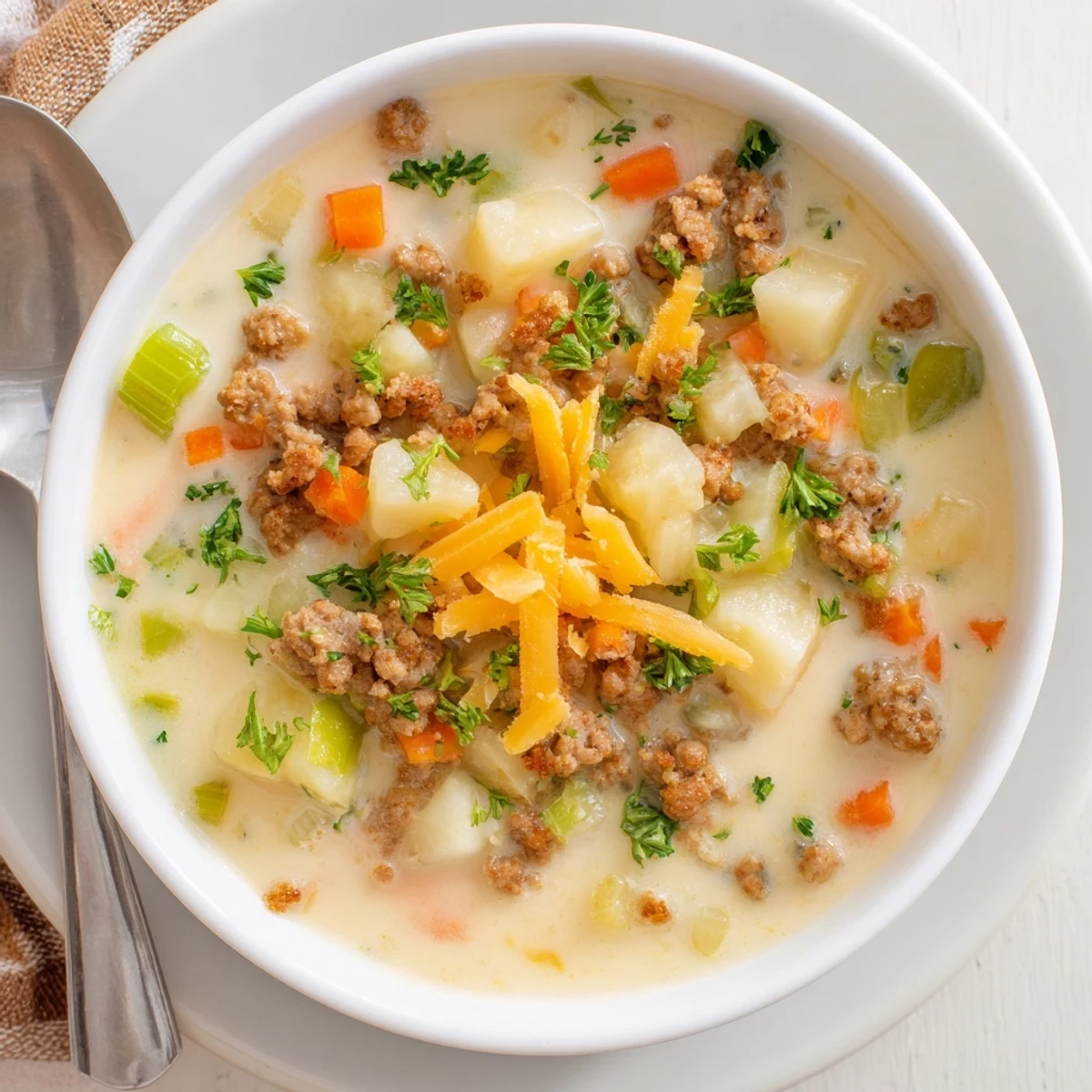 Hearty simple pork sausage potato soup garnished with fresh parsley and cheddar