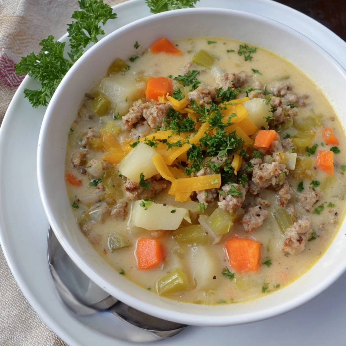 Steamy bowl of simple pork sausage potato soup featuring savory crumbled sausage