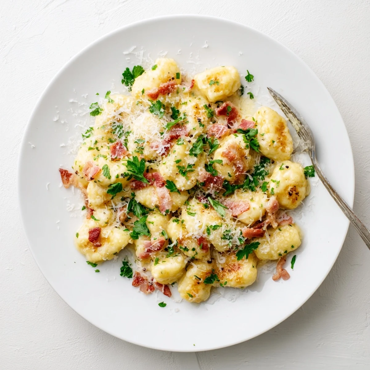 Golden gnocchi carbonara with crispy bacon and melted Parmesan in a creamy white sauce