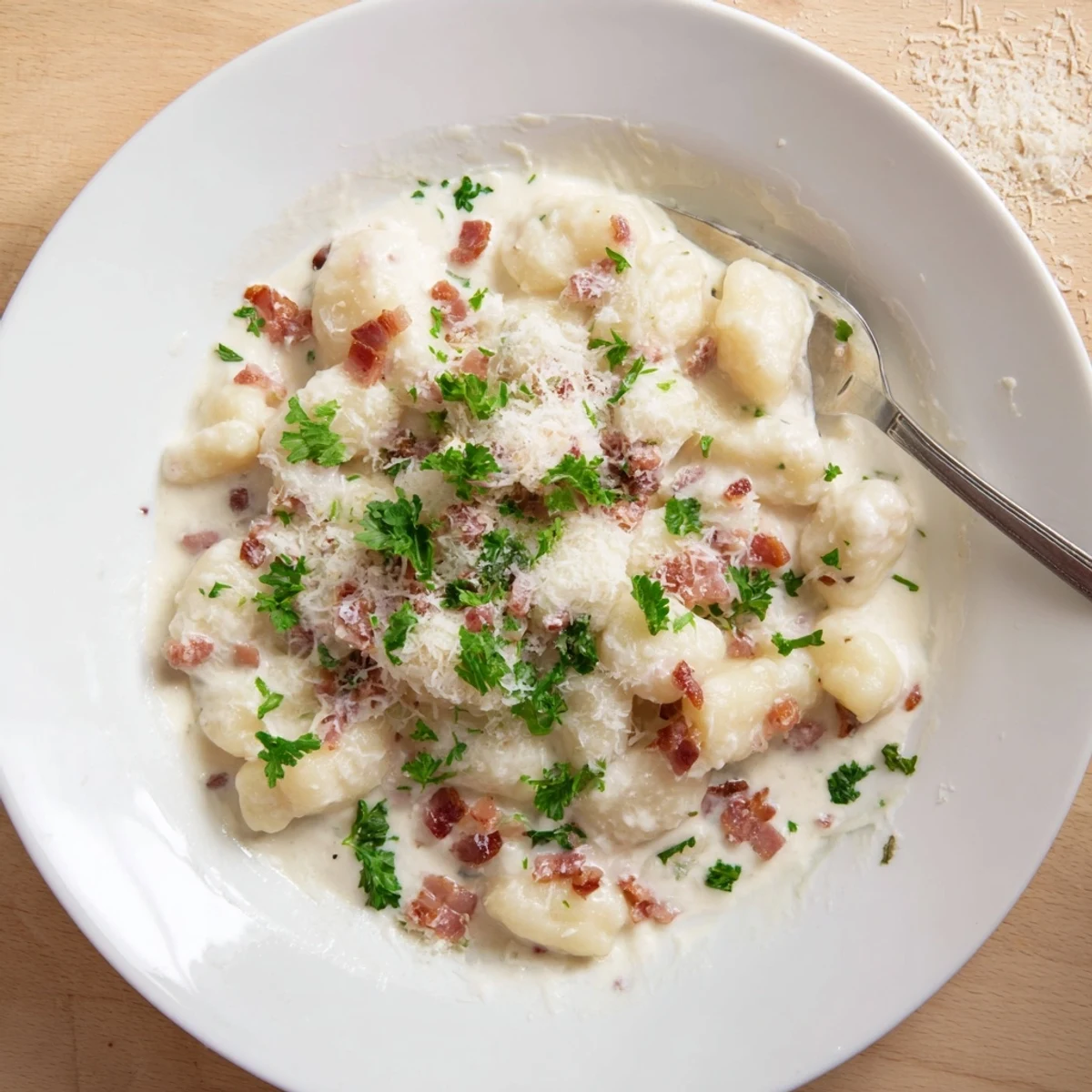 Creamy gnocchi carbonara plated with bacon bits and generous Parmesan shavings on top