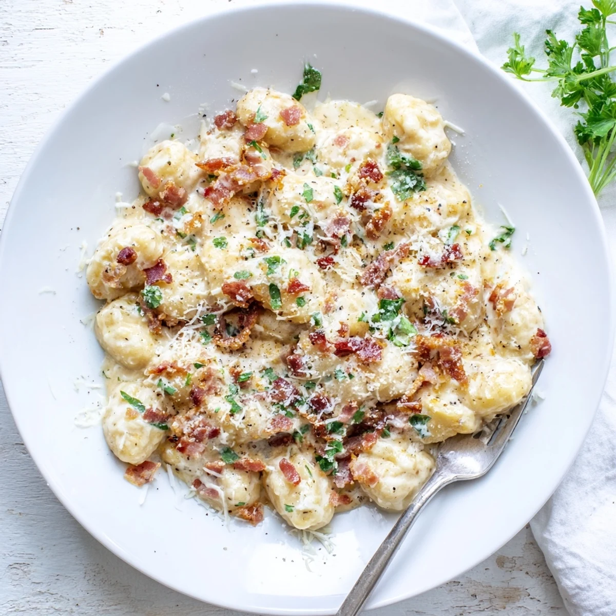 Steaming bowl of gnocchi carbonara featuring pillowy pasta with bacon and Parmesan cheese sauce