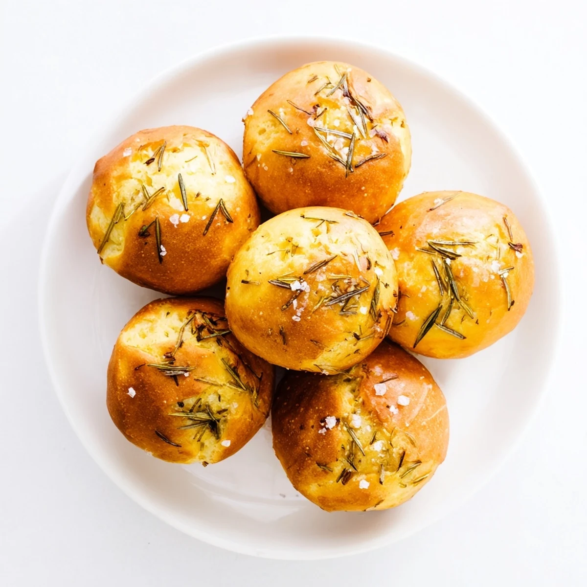 Golden brown garlic rosemary focaccia muffins topped with flaky sea salt and fresh rosemary sprigs