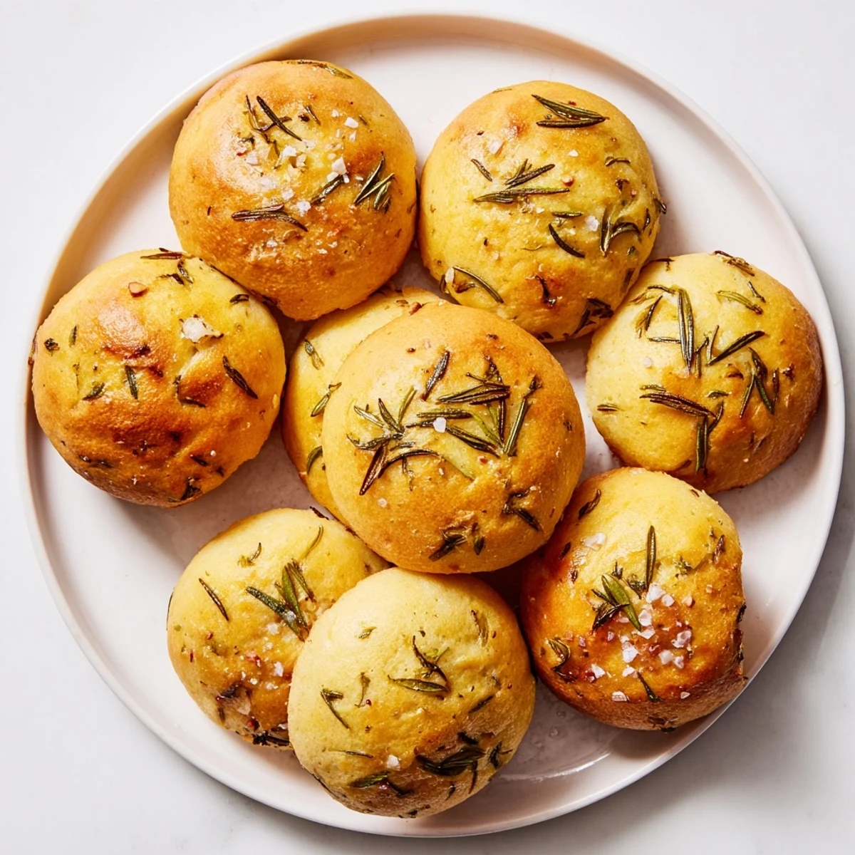 Warm savory garlic rosemary focaccia muffins drizzled with olive oil and ready for dipping