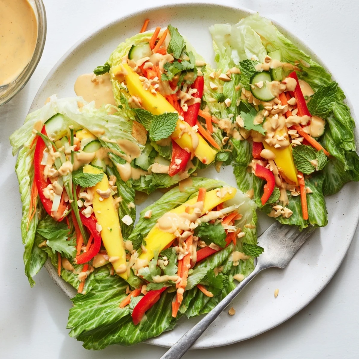 Colorful Thai mango cabbage wraps filled with crunchy fresh vegetables and drizzled with creamy peanut sauce