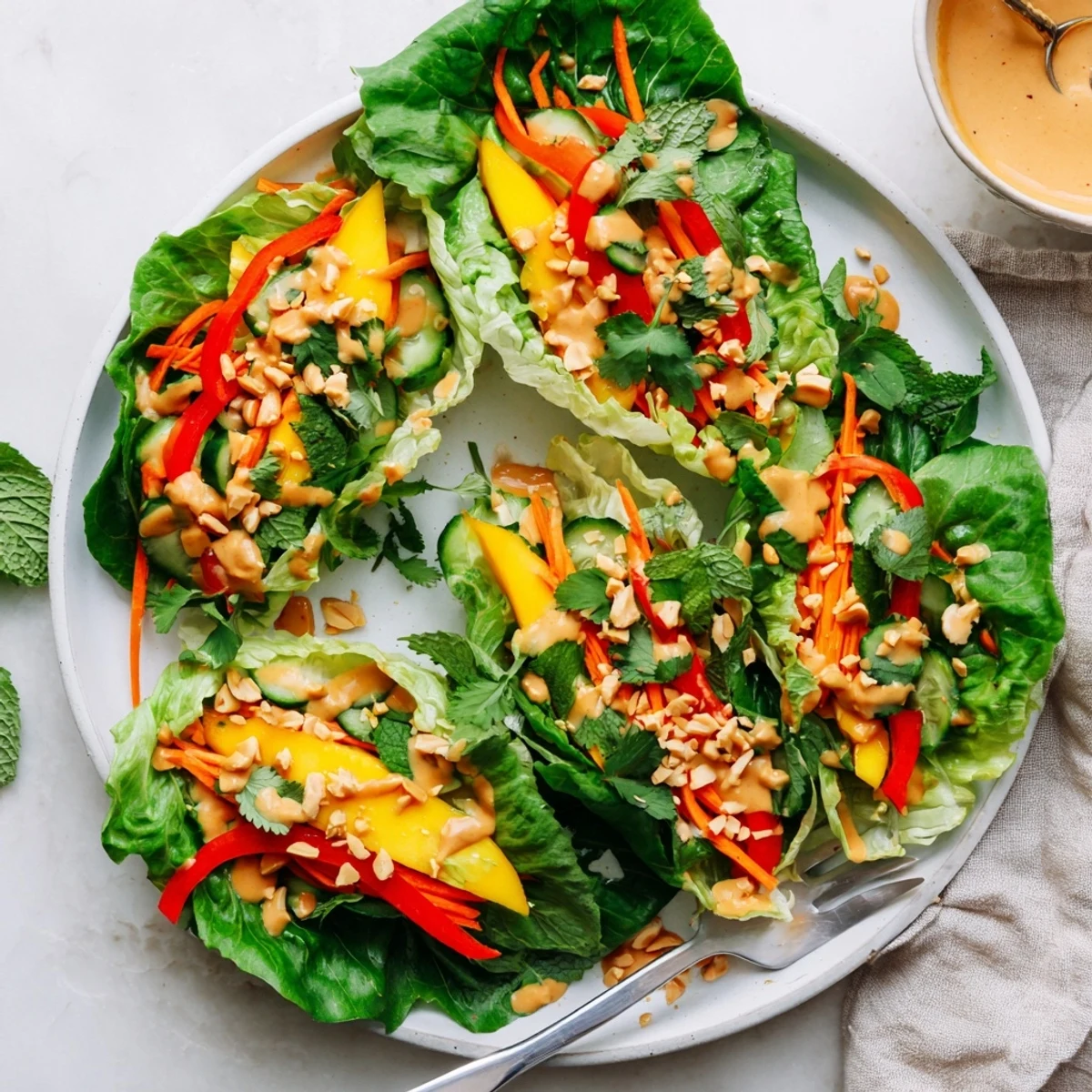 Fresh green cabbage leaves rolled with sweet ripe mango strips and crisp julienned vegetables for a healthy lunch