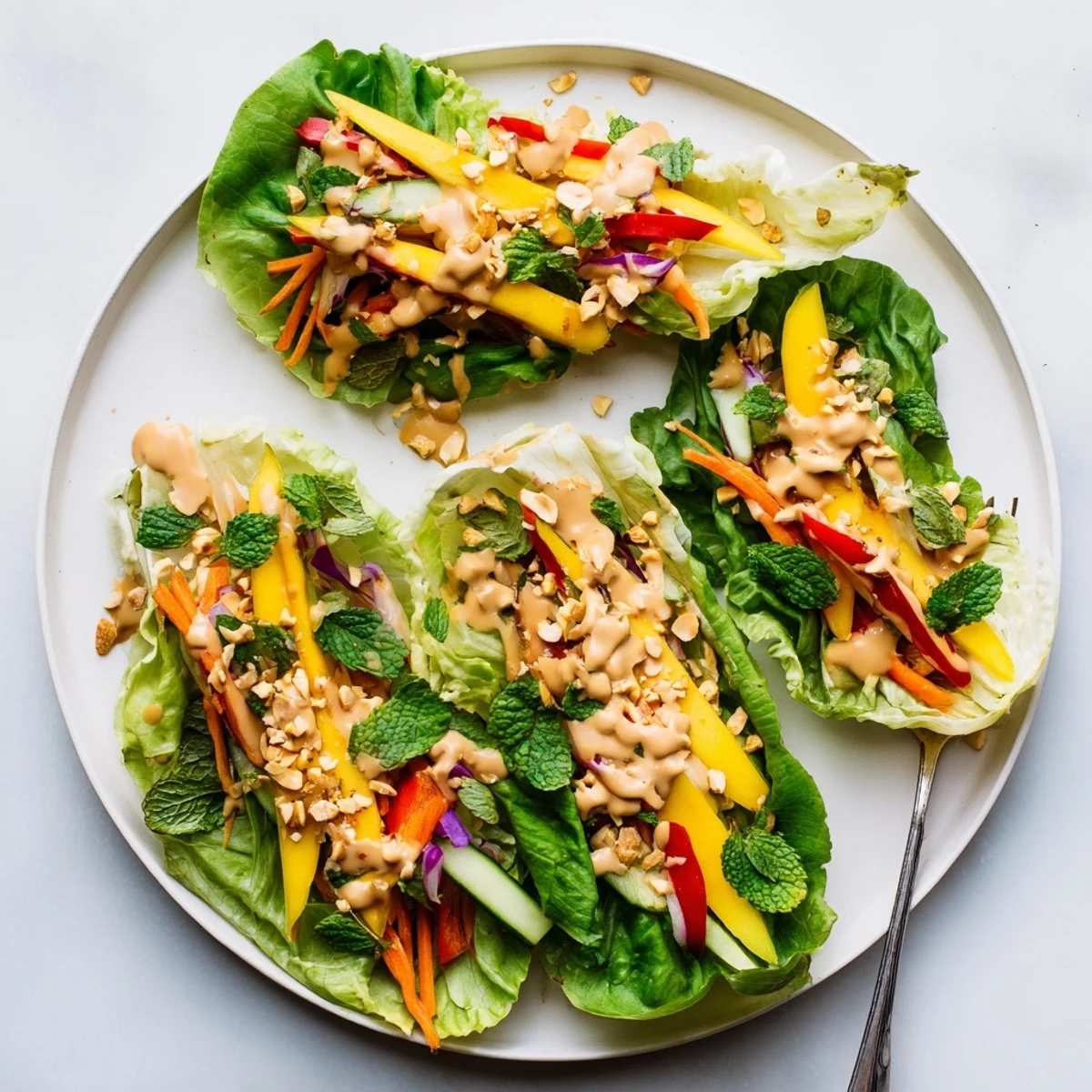 Vibrant Thai-inspired cabbage wraps featuring mango, bell peppers, and cucumber topped with tangy peanut dressing