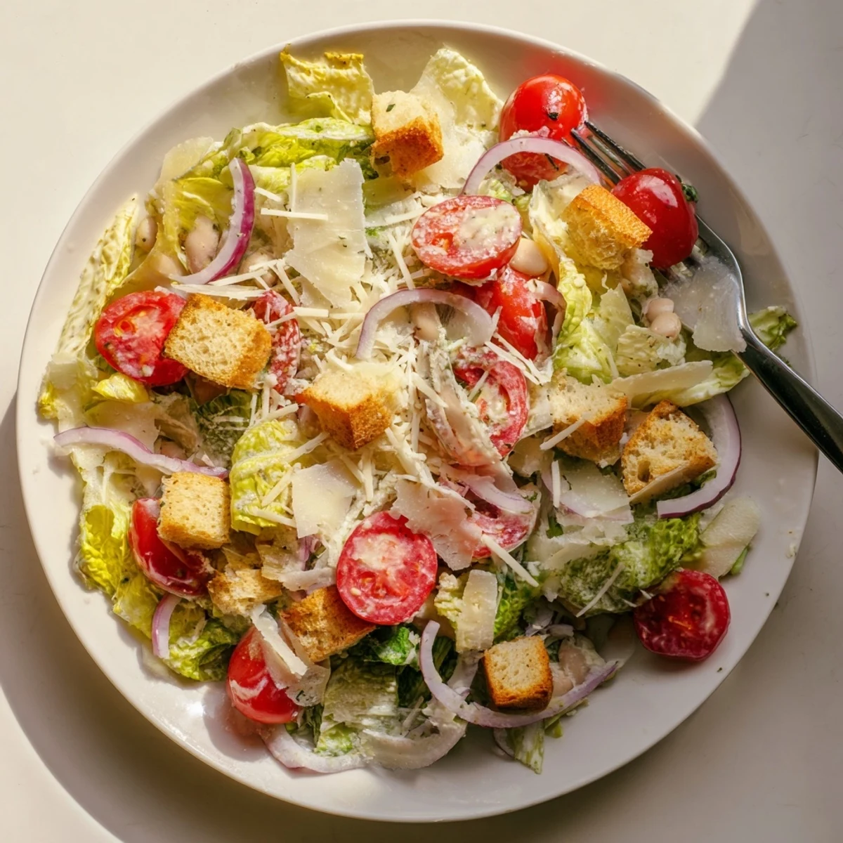 Vibrant butter bean Caesar salad topped with shaved Parmesan and golden croutons, drizzled with zesty dressing on a dark plate.