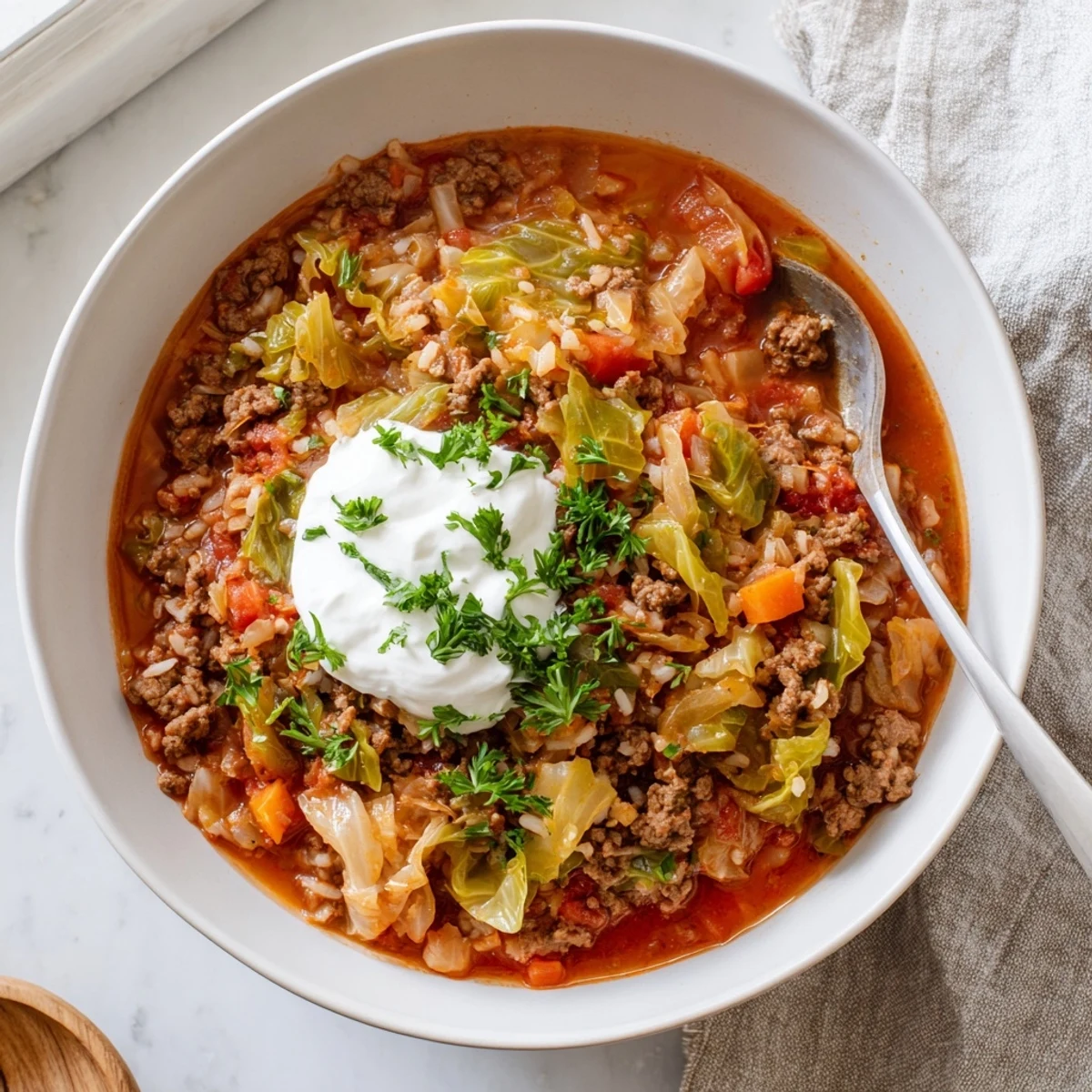 Hearty unstuffed cabbage roll soup featuring tender beef, rice, and vegetables in rich tomato broth
