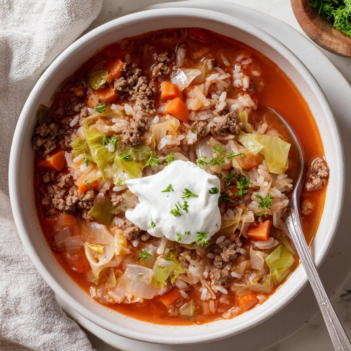 Steaming unstuffed cabbage roll soup with ground beef, cabbage, carrots, and fluffy rice in a rustic Dutch oven