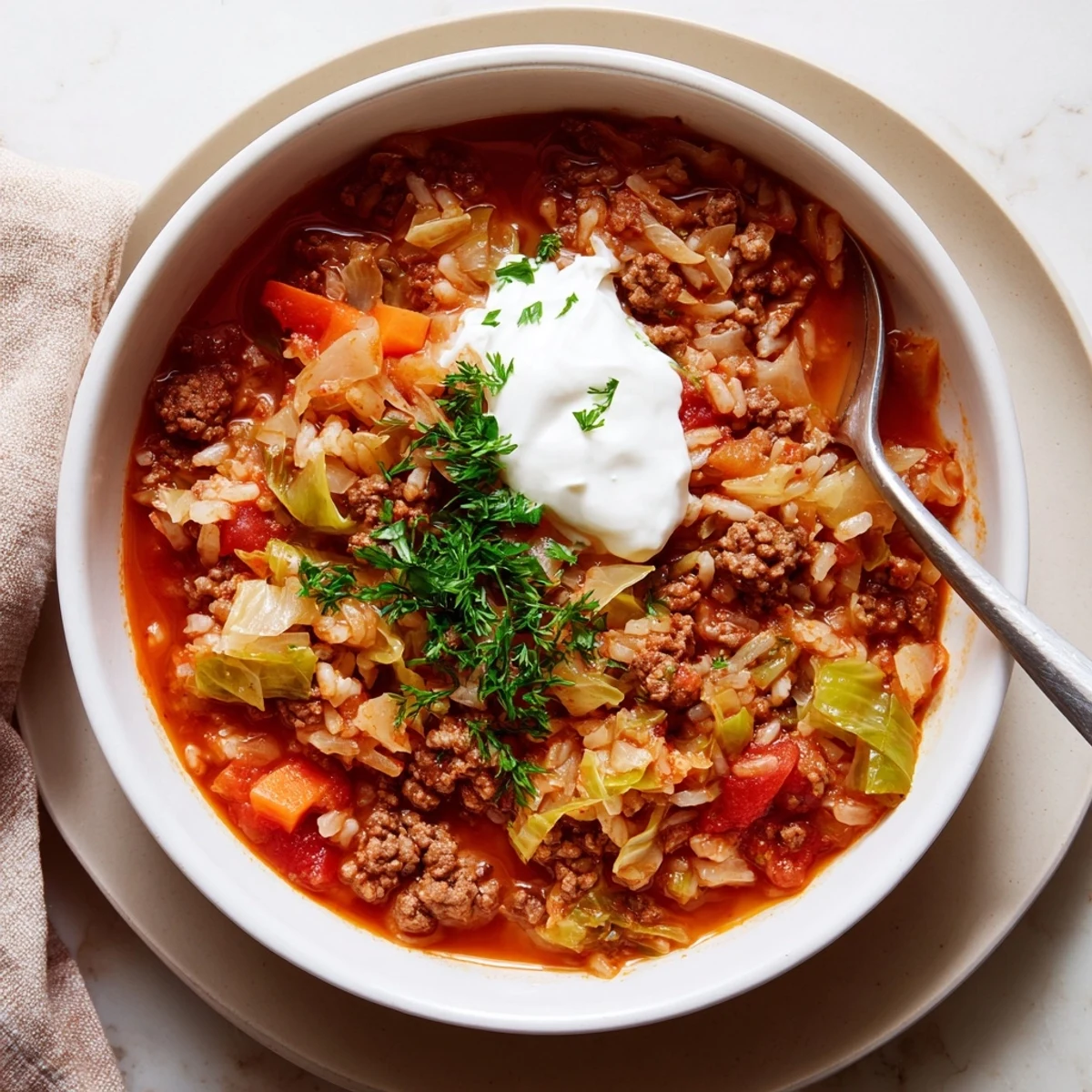 Savory unstuffed cabbage roll soup bowl garnished with fresh parsley and creamy sour cream
