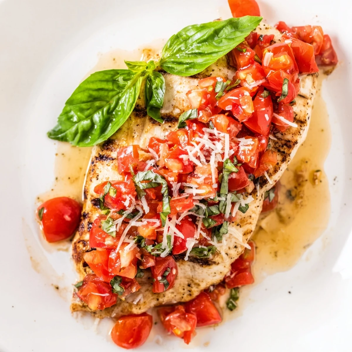 Golden grilled chicken breast topped with colorful diced tomato bruschetta and fresh green basil