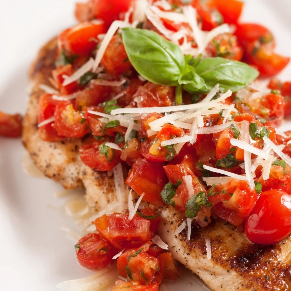 Juicy Bruschetta Chicken plated with vibrant cherry tomato salad and parmesan cheese garnish